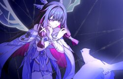  1girl bare_legs bare_shoulders bird black_hair closed_mouth columbina_(genshin_impact) commentary_request dark_background dress genshin_impact hair_ornament hands_up head_wings highres korean_commentary long_hair multicolored_hair multiple_wings pigeon purple_hair purple_streaks ribbon smile streaked_hair two-tone_hair very_long_hair violet_eyes white_dress white_wings wing_hair_ornament wings yuseol_art 