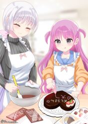  2girls :q ^_^ alternate_costume alternate_hairstyle apron black_sweater blue_sailor_collar blunt_ends blurry blurry_background blush bow breasts candy chocolate chocolate_making closed_eyes closed_mouth commentary cooking cowboy_shot eyelashes eyes_visible_through_hair food frilled_apron frilled_sailor_collar frills grey_eyes hair_between_eyes hair_bow heart heart-shaped_chocolate heart-shaped_food heart_print highres indoors jacket katou_umi large_breasts long_hair long_sleeves looking_at_food mixing_bowl multiple_girls naruse_shiroha orange_jacket pink_bow pink_hair purple_skirt ribbed_sweater sailor_collar sidelocks skirt sleeves_rolled_up smile split_mouth sumechi summer_pockets sweater tongue tongue_out turtleneck turtleneck_sweater twitter_username two_side_up valentine very_long_hair white_apron white_hair 