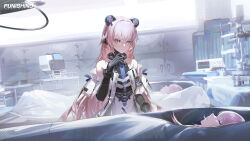  3girls absurdres bare_shoulders black_gloves bright_pupils character_request closed_eyes closed_mouth copyright_name crossed_bangs dress gloves hair_between_eyes hair_intakes hand_up highres laboratory long_hair looking_at_another lying microscope multiple_girls official_art official_wallpaper on_back pink_eyes pink_hair punishing:_gray_raven teddy_(pgr) upper_body white_dress white_pupils 