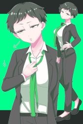  1girl adjusting_clothes adjusting_necktie belt black_belt black_hair black_jacket black_pants black_shoes breasts brown_eyes collared_shirt commentary_request eyelashes green_necktie highres jacket lili_2480 long_sleeves multiple_views necktie open_clothes open_jacket original outline pants shirt shoes short_hair suit_jacket very_short_hair white_outline white_shirt 