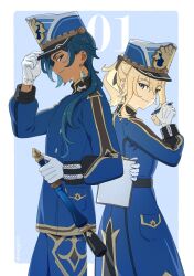  1boy 1girl absurdres back-to-back baton_(weapon) blonde_hair blue_background blue_coat blue_hair blue_jacket blue_pants bob_cut border clipboard closed_mouth coat commentary countdown cross cross_earrings earrings genshin_impact gloves grey_eyes high_collar highres holding holding_baton_(weapon) holding_clipboard holding_pen holding_weapon jacket jean_(genshin_impact) jewelry kaeya_(genshin_impact) long_hair long_sleeves looking_at_viewer pants pen police police_uniform short_hair sidelocks simple_background single_earring smile snegg31 twitter_username upper_body violet_eyes weapon white_border white_gloves 