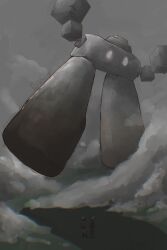 1boy 1girl giant gloria_(pokemon) glowing glowing_eyes highres patchswing pokemon pokemon_(creature) pokemon_focus pokemon_swsh signature solo_focus stonjourner victor_(pokemon) 