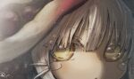  1other bandam brown_fur close-up commentary_request furry grey_hair hair_between_eyes helmet horizontal_pupils light_particles looking_ahead looking_at_viewer made_in_abyss nanachi_(made_in_abyss) other_focus parted_lips portrait signature solo whiskers yellow_eyes 