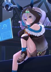 1girl absurdres black_jacket black_shoes black_shorts blue_socks bronya_zaychik bronya_zaychik_(haxxor_bunny) drill_hair drone grey_eyes grey_hair highres holographic_interface honkai_(series) honkai_impact_3rd jacket knee_pads kosode_(syakoto) long_hair looking_at_viewer mixed-language_commentary night open_mouth outdoors shoes shorts single_knee_pad sitting socks solo twin_drills 