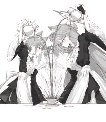  1boy 2girls absurdres ahoge alternate_costume animal_ear_fluff animal_ears apron arm_up ascot black_dress black_gloves blue_archive blush bun_cover commentary_request cross cross_hair_ornament cup decantering doodle_sensei_(blue_archive) dress enmaided eshineko extra_ears eye_contact faceoff frilled_sleeves frills from_side gloves grey_hair grey_halo hair_bun hair_ornament halo highres holding holding_teapot inverted_cross lightning_glare long_hair looking_at_another maid maid_apron multiple_girls paper_on_head ponytail pouring saucer sensei_(blue_archive) shiroko_(blue_archive) shiroko_terror_(blue_archive) simple_background single_hair_bun splashing teacup teapot trembling white_apron white_ascot white_background wide_sleeves wolf_ears wolf_girl 