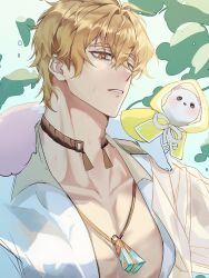  1boy absurdres animal animal_on_shoulder bags_under_eyes blonde_hair choker clothed_animal collarbone ermine ferret hair_between_eyes highres hood hopi_9898 jewelry large_pectorals leaf male_focus muscular muscular_male necklace nu_carnival open_clothes open_shirt orange_eyes pectoral_cleavage pectorals pendant portrait quincy_(blossoming_legend)_(nu_carnival) quincy_(nu_carnival) raincoat shirt short_hair sweat sweatdrop topper_(nu_carnival) unfinished upper_body water_drop weasel white_shirt yellow_raincoat 