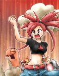  2girls bandana belt belt_buckle breasts brown_hair buckle chibi chibi_inset clenched_hands combusken flannery_(pokemon) hand_up kicdon may_(pokemon) midriff multiple_girls navel open_mouth pants pokemon pokemon_(creature) pokemon_(game) pokemon_rse red_eyes redhead standing steam sweat teeth torkoal upper_teeth 