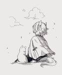 1girl animal_ears capelet cat clouds from_behind greyscale highres horse_ears horse_girl horse_tail leaf looking_up mame_nabe_donko monochrome outdoors short_hair sitting solo t.m._opera_o_(umamusume) tail umamusume 