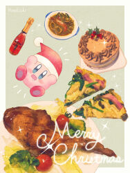  1boy blue_eyes border bottle cake chicken_(food) commentary_request creature food fur-trimmed_headwear fur_trim hat kirby kirby_(series) looking_at_viewer merry_christmas no_humans open_mouth outside_border pizza pizza_slice plate red_hat ro2noki santa_hat solo white_border 