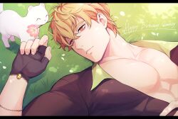  1boy 7go3_nc absurdres bags_under_eyes black_gloves black_shirt blonde_hair bracelet collar english_text ermine ferret fingerless_gloves flower flower_in_mouth gem gloves grass green_collar hair_between_eyes happy_birthday highres jewelry large_pectorals looking_at_another lying male_focus mouth_hold muscular muscular_male nu_carnival on_ground open_clothes open_shirt orange_eyes pectoral_cleavage pectorals petals pink_flower quincy_(nu_carnival) shirt short_hair topper_(nu_carnival) upper_body weasel yellow_gem 