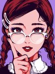  1girl braid brown_eyes brown_hair earrings glasses hair_ornament hairclip hand_up highres index_finger_raised jewelry long_hair looking_at_viewer minillustration original parted_lips purple_background red_lips simple_background smile solo twin_braids white-framed_eyewear 