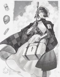  1girl absurdres artist_logo bandages bottle cape clouds club_(weapon) commentary english_commentary feet_out_of_frame first_aid_kit gauntlets greyscale hat helmet highres holding holding_club holding_weapon imainacup logo long_skirt looking_up marsha_(reverse:1999) monochrome parted_lips reverse:1999 rod_of_asclepius shirt short_hair skirt solo standing unworn_headwear unworn_helmet weapon 