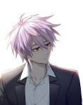  1boy black_jacket closed_mouth collared_shirt commentary_request frown hair_between_eyes jacket korean_commentary male_focus open_clothes open_collar open_jacket purple_hair red_eyes saibou_shinkyoku sanpaku shirt solo suit_jacket sukihome theodore_riddle white_background white_shirt 