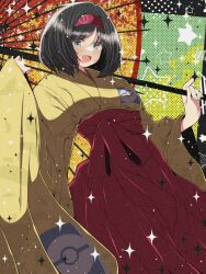  1girl :d black_hair bob_cut commentary erika_(pokemon) fujiwara_hiro_(kaede_ciao) grey_eyes hairband hakama hakama_skirt highres holding holding_umbrella japanese_clothes kimono long_sleeves looking_at_viewer oil-paper_umbrella open_mouth pokemon pokemon_frlg red_hairband red_hakama short_hair skirt smile solo star_(symbol) umbrella wide_sleeves yellow_kimono 
