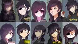  1girl ariimaw_(style) black_hoodie blush boku_no_hero_academia brown_eyes camp_camp commentary copyright_logo copyright_name disney emo_fashion english_commentary fluffy_hair gravity_falls hair_over_one_eye highres holding holding_poke_ball hood hood_down hoodie horikoshi_kouhei_(style) jitome lavendertowne_(style) logo long_hair making-of_available missing_eye multiple_drawing_challenge multiple_style_parody multiple_views no_lineart original parody poke_ball pokemon purple_hair rimapichi scene_cut studio_ghibli style_parody symbol-shaped_pupils toon_(style) wolfychu_(style) x-shaped_pupils yellow_pupils 