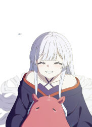  1girl absurdres bare_shoulders blush cho_kaguya-hime! closed_eyes commentary_request crying crying_with_eyes_open dress hair_down highres long_hair off-shoulder_dress off_shoulder runami_yachiyo simple_background solo tears thereaakari translation_request very_long_hair white_background white_hair 