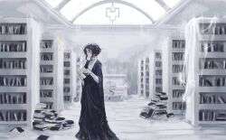  1boy 1girl arch black_hair black_robe black_sclera book book_stack bookshelf buttoned_cuffs buttons charlotte_wiltshire colored_sclera curtains extra_eyes four_eyes frei_(hello_charlotte) grand_piano heart hello_charlotte highres holding holding_book instrument library light_smile long_hair mi_hao painterly piano piano_bench pile_of_books ribbon robe see-through_curtains shirt short_hair sidelocks sitting sparkle turtleneck turtleneck_shirt very_long_hair white_background white_hair white_shirt yellow_ribbon 