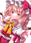  1girl bangs blonde_hair blurry blurry_background blush bow bowtie buttons commentary crystal dutch_angle flandre_scarlet frilled_shirt_collar frills hand_to_own_face hat hat_bow jaku_sono long_hair looking_at_viewer mob_cap one_side_up pointy_ears puffy_short_sleeves puffy_sleeves red_bow red_eyes red_skirt red_vest shirt short_sleeves skirt smile solo touhou upper_body vest white_background white_headwear white_shirt wings wrist_cuffs yellow_bow 