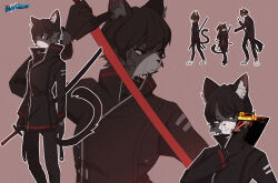  1boy 2girls black_eyes black_gloves black_hair black_jacket black_pants bluegauze card cat_girl commentary_request full_body furrification furry gameplay_mechanics gloves hand_up highres holding holding_card holding_sword holding_weapon jacket library_of_ruina long_sleeves multiple_girls pants project_moon red_pupils shi_association_south_uniform short_hair sword tenma_(project_moon) valentin_(project_moon) weapon yujin_(project_moon) 