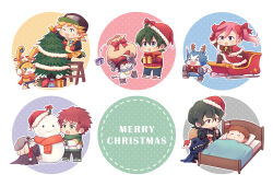  absurdres ahoge antlers appmon asuka_torajirou bed blue_eyes blue_skin box character_snowman chibi chibi_only christmas christmas_ornaments christmas_tree closed_eyes colored_skin commentary_request digimon digimon_universe:_appli_monsters dokamon dress fur-trimmed_dress fur-trimmed_headwear fur_trim gatchmon gift gift_box green_hair hackmon_(appmon) hat highres holding holding_sack hood hoodie horns jacket karan_eri katsura_hajime katsura_rei ladder lulu_hane merry_christmas musimon offmon on_bed open_mouth ozora_yujin pink_hair red_hat red_jacket reindeer_antlers ribbon sack santa_costume santa_dress santa_hat scarf shinkai_haru sleeping sleigh smile snowman white_skin yellow_eyes 
