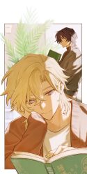  2boys aventurine_(honkai:_star_rail) book brown_sweater cardigan closed_mouth commentary dr._ratio_(honkai:_star_rail) grey_shirt head_rest honkai:_star_rail honkai_(series) la_7_7_7 looking_at_another male_focus multicolored_eyes multiple_boys open_book open_cardigan open_clothes parted_bangs parted_hair plant potted_plant reading shirt smile sweater white_shirt 