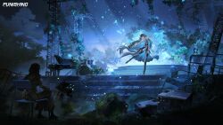  1girl 1other absurdres black_coat black_dress black_hair chair character_request closed_eyes coat commandant_(pgr) dancing dress en_pointe fireflies floating_hair grand_piano highres hood hood_up instrument leg_up long_hair looking_at_another momodacat night official_art on_chair outdoors piano plant punishing:_gray_raven ruins selena:_pianissimo_(pgr) selena_(pgr) sitting sky stairs tree truss two-tone_dress very_long_hair vines white_dress wide_shot 