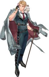  1boy adjusting_earphones animal animal_on_shoulder bags_under_eyes belt black_gloves black_shoes blonde_hair bracelet cane clothed_animal coat coat_on_shoulders collared_shirt covered_pectorals dress_shirt dress_shoes ermine ferret full_body gem gloves green_pants grey_coat grey_vest hair_between_eyes hat highres holding holding_cane holding_newspaper infinity_alpha_studio jewelry large_pectorals looking_to_the_side male_focus multiple_belts muscular muscular_male necktie newspaper nu_carnival official_alternate_costume official_art open_clothes open_coat orange_eyes pants pectorals plaid_clothes plaid_pants quincy_(hidden_code)_(nu_carnival) quincy_(nu_carnival) red_necktie shirt shoes short_hair simple_background standing suit tachi-e taut_clothes tight_clothes topper_(nu_carnival) trench_coat vest watch watch weasel white_shirt yellow_gem 