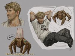  1boy alien beard beard_stubble blonde_hair casual commentary_request facial_hair highres male_focus messy_hair project_hail_mary rocky_(project_hail_mary) ryland_grace shirt ssns_dot stubble white_shirt 