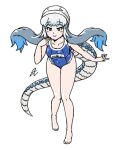  acesrulez alternate_costume bare_arms bare_legs bare_shoulders barefoot blue_hair blue_lips blue_swimsuit blush collarbone full_body kemono_friends komodo_dragon_(kemono_friends) lizard_tail long_hair looking_at_viewer multicolored_hair name_tag one-piece_swimsuit reptile_girl school_swimsuit swim_cap swimsuit tail twintails yellow_eyes 