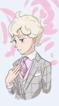  1boy ahoge alternate_costume bangs bede_(pokemon) blonde_hair buttons closed_mouth collared_shirt commentary_request curly_hair grey_jacket hand_up jacket long_sleeves male_focus necktie pokemon pokemon_(game) pokemon_swsh shirt short_hair smile solo tsuruba_(tsu41014812) upper_body vest violet_eyes 