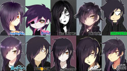  1girl 2000s_(style) bags_under_eyes black_hoodie commentary copyright_logo copyright_name danganronpa_(series) drawstring eddsworld emo_fashion english_commentary hair_over_one_eye highres hood hood_down hoodie lalin's_curse logo looking_at_viewer making-of_available medium_hair mermaid_melody_pichi_pichi_pitch missing_eye multicolored_hair multiple_drawing_challenge multiple_style_parody multiple_views nagi_no_asukara orange_eyes original panty_&amp;_stocking_with_garterbelt panty_&amp;_stocking_with_garterbelt_(style) parody parororo_(style) paul_ter_voorde_(style) persona persona_5 pink_hair purple_hair rimapichi scene_cut slit_pupils soul_eater streaked_hair style_parody tim_burton_(style) toon_(style) yellow_eyes 