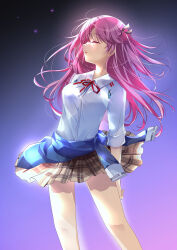  1girl absurdres aikawa_megumi arm_around_back asahina_yori backlighting black_ribbon blue_background blue_jacket breasts brown_skirt closed_eyes clothes_around_waist clothes_lift collared_shirt commentary dress_shirt feet_out_of_frame floating_hair gradient_background hair_between_eyes hair_ribbon heaven_burns_red highres jacket jacket_around_waist large_breasts light_blush light_particles long_hair long_sleeves miniskirt neck_ribbon nose parted_lips pink_hair plaid_clothes plaid_skirt pleated_skirt profile purple_background red_ribbon ribbon shirt simple_background skirt skirt_lift sleeves_rolled_up solo standing two_side_up untranslatable_commentary very_long_hair white_shirt 