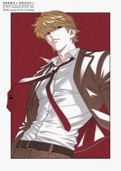  1boy belt border brown_belt brown_hair brown_jacket brown_pants brown_suit closed_mouth covered_pectorals dress_shirt hunter_x_hunter jacket male_focus necktie open_clothes open_jacket outside_border pants pariston_hill pectorals red_background red_necktie shirt short_hair solo sub5cr suit suit_jacket upper_body white_border white_shirt 