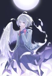  1girl absurdres belt bow bowtie chinese_commentary commentary_request covered_mouth covering_own_mouth dress feathered_wings highres huangqinzi_sayuri jacket kishin_sagume long_sleeves mixed-language_commentary moon original partial_commentary purple_belt purple_dress red_bow red_bowtie short_hair single_wing sleeve_cuffs solo standing touhou white_hair white_jacket white_wings wings 