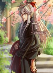  1boy alternate_universe animal_ears artist_name bead_necklace beads black_robe blurry blurry_foreground cherry_blossoms chinese_clothes claws closed_mouth commentary cowboy_shot dog_boy dog_ears garden hair_between_eyes hair_ribbon highres holding holding_jacket holding_unworn_clothes inuyasha inuyasha_(character) jacket jewelry kemonomimi_mode lennys male_focus necklace outdoors ponytail red_jacket red_ribbon ribbon robe sidelocks smirk solo tooth_necklace twitter_username untranslatable_commentary unworn_jacket web_address white_hair yellow_eyes 
