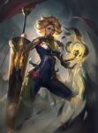  1girl absurdres armor blonde_hair breastplate clouds cloudy_sky crimson81889796 flag glowing glowing_hand highres lance league_of_legends leg_armor long_hair looking_to_the_side outdoors polearm rell_(league_of_legends) sky smile solo weapon yellow_eyes 
