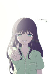  1girl absurdres black_hair cho_kaguya-hime! commentary_request green_eyes green_shirt highres long_hair mole mole_under_eye open_mouth sakayori_iroha shirt simple_background solo tearing_up thereaakari translation_request upper_body v violet_eyes white_background 