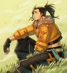  1boy arm_on_knee arm_rest beard_stubble black_gloves black_hair black_pants commentary cowboy_shot cropped_jacket earrings english_commentary facial_hair fingerless_gloves from_side fur-trimmed_jacket fur_trim gloves grass green_sky highres holostars holostars_english jacket jewelry josuiji_shinri knee_up leaf long_hair male_focus mouth_hold oneirio open_clothes open_jacket orange_jacket outdoors pants ponytail sitting sky sleeves_rolled_up stalk_in_mouth stubble virtual_youtuber wind 