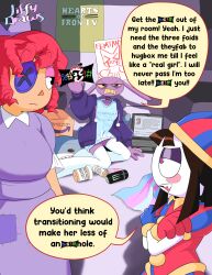  3girls 4chan absurdres amazon_(company) artist_name blue_shirt box breasts button_eyes buttons cardboard_box censored_profanity colored_sclera computer crossed_arms energy_drink english_text flag gender_transitioning genderswap genderswap_(mtf) gloves hat hearts_of_iron highres ikea_shark jax_(the_amazing_digital_circus) jester jester_cap jiffy_draws laptop middle_finger monster_energy multiple_girls neon_genesis_evangelion pomni_(the_amazing_digital_circus) poster_(object) rabbit_girl ragatha_(the_amazing_digital_circus) red_hair shirt sitting speech_bubble stuffed_animal stuffed_shark stuffed_toy the_amazing_digital_circus thigh-highs transgender_flag white_thighhighs yellow_sclera 