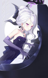  1girl bare_shoulders blue_archive halo highres hina_(blue_archive) instrument lis_(bilibili_12060312) long_hair piano purple_halo solo violet_eyes white_hair 