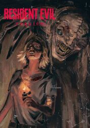  artist_name blonde_hair commentary fire flashlight grace_ashcroft highres holding holding_lighter lighter resident_evil resident_evil_requiem scared short_hair signature the_girl_(resident_evil) velviannee zombie 