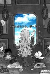  1girl child's_drawing commentary_request crayon doll_(ib) dress facing_away greyscale highres ib_(kouri) kuiruri lady_in_red_(ib) long_hair long_sleeves mary_(ib) monochrome on_floor painting_(object) paper sitting solo spot_color translated 