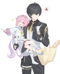  1boy 1girl adoptive_parent_and_adoptive_child aemeath_(wuthering_waves) aemeath_(young)_(wuthering_waves) ahoge bag black_gloves black_hair black_jacket black_pants carrying closed_mouth commentary_request cyberdark233 dress father_and_child father_and_daughter fingerless_gloves gloves grocery_bag hair_between_eyes hair_intakes hair_ornament hairband highres holding holding_paper jacket long_sleeves looking_to_the_side male_rover_(perpetual_spark)_(wuthering_waves) male_rover_(wuthering_waves) necktie open_mouth orange_eyes pants paper parent_and_child pink_hair pointing pointing_to_the_side rover_(wuthering_waves) shopping_bag simple_background smile tacet_mark_(wuthering_waves) turning_head white_background white_dress white_hairband wuthering_waves yellow_eyes yellow_necktie 