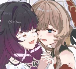  2girls bare_shoulders black_collar black_hair black_sleeves blue_eyes blush bonnet brown_hair closed_eyes collar columbina_(genshin_impact) commentary_request detached_collar detached_sleeves dress eye_mask genshin_impact gloves gradient_hair hair_ornament hair_ribbon head_wings headdress heads_together interlocked_fingers kfkaru long_hair long_sidelocks long_sleeves mask multicolored_hair multiple_girls multiple_wings one_eye_closed open_mouth purple_hair purple_streaks ribbon sandrone_(genshin_impact) see-through_clothes see-through_mask short_hair_with_long_locks sidelocks smile streaked_hair twitter_username two-tone_hair very_long_hair white_dress white_headdress white_mask white_wings wing_hair_ornament wings x-shaped_eyewear 