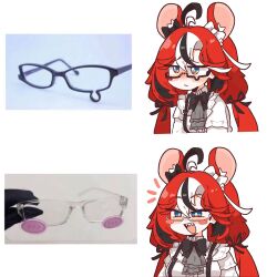  1girl animal_ears black_hair blue_eyes blush_stickers glasses hakos_baelz hakos_baelz_(steel_rose) highres hololive hololive_english long_hair meme mouse_ears mouse_girl multicolored_hair red_hair reference_inset streaked_hair teardrop-framed_glasses tsurukieeeeeak virtual_youtuber white_hair 