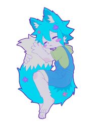  1boy animal_ears antenna_hair barefoot basil_(headspace)_(omori) basil_(omori) blue_overalls closed_eyes double-parted_bangs drooling flower fox_boy fox_ears fox_tail furrification furry furry_male green_hair green_shirt hair_between_eyes hair_flower hair_ornament highres male_focus omori overall_shorts overalls parted_lips saji_neko saliva shirt short_hair short_sleeves sidelocks solo t-shirt tail 