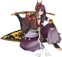  1boy arm_on_knee artist_request black_eyes black_gloves black_hair black_haori bracelet closed_mouth collarbone elbow_gloves fingerless_gloves full_body game_cg gloves gold_bracelet gradient_clothes gradient_haori gradient_kimono hakama haori highres holding holding_sword holding_weapon japanese_clothes jewelry kimono long_hair looking_at_viewer makeup mask mask_on_head official_alternate_costume official_art on_floor oni_mask print_haori purple_kimono red_haori red_kimono simple_background sitting smile solo sword tales_of_(series) tales_of_asteria tales_of_vesperia third-party_source transparent_background weapon yellow_haori yuri_lowell yuri_lowell_(kagura) 