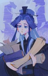  1girl bags_under_eyes belt black_hanfu blue_background blue_belt blue_eyes blue_hair blue_nails blue_theme chinese_clothes closed_mouth cool_colored curtained_hair earrings hanfu highres holding holding_paper holding_scroll jewelry ling_wen long_hair long_sleeves looking_at_viewer no_lineart paper papers parted_bangs pile ponytail scentofmint scroll solo tianguan_cifu too_many_papers upper_body wide_sleeves xiao_guan_(headdress) 