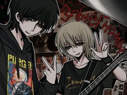  2boys :d animification artyom_anoufriev bags_under_eyes bare_arms bass_guitar black_hair black_hoodie black_shirt blonde_hair chinese_commentary clothes_writing collarbone commentary_request drawstring freckles grey_eyes hair_between_eyes hand_up holding holding_microphone hood hood_down hoodie instrument inward_v long_sleeves looking_at_viewer male_focus medium_hair microphone multiple_boys nikita_lytkin no_pupils open_mouth outline photo_background procreate_(medium) puffy_long_sleeves puffy_sleeves real_life shirt short_hair short_sleeves smile t-shirt true_crime upper_body v w white_outline wristband xipenco 
