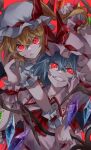 2girls ascot bat_wings blonde_hair blue_hair closed_mouth crystal dagasitotaiyou fangs flandre_scarlet grin hat hat_ribbon highres looking_at_viewer multiple_girls one_side_up pink_headwear red_ascot red_background red_eyes red_ribbon remilia_scarlet ribbon short_sleeves siblings simple_background sisters smile touhou upper_body v-shaped_eyebrows white_headwear wings wrist_cuffs 